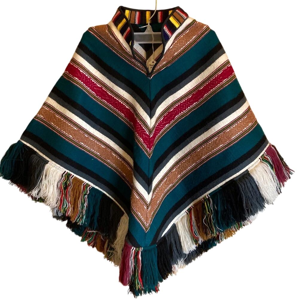 Vintage 70s Youth/Pre-Teen's Multicolored Fringed Poncho Artisan Made in Brazil